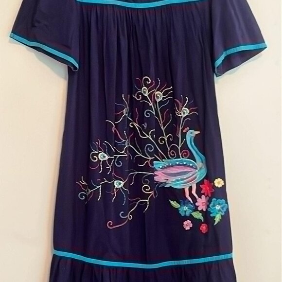 VTG MuuMu Embroidered Peacock PullOver House Beach Dress SZ S by Bechamel w/P - Picture 1 of 9